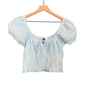 H&M Blue Gingham Puff Sleeve Top